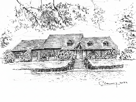 Dessin du Pressoir de Tourgéville, domaine normand pour événements privés et professionnels, entouré de verdure.