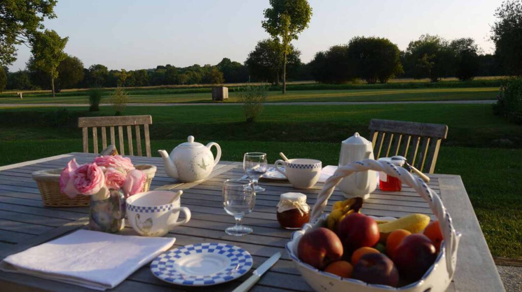 Table garnie à l'extérieur avec théière, verres, assiettes et un panier de fruits, dans un cadre verdoyant.